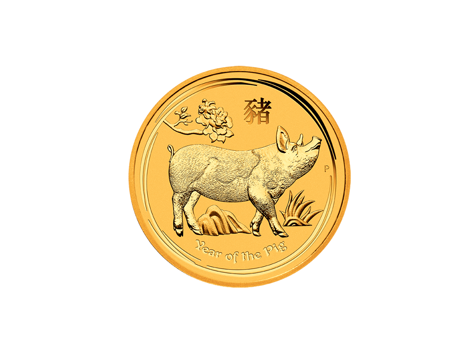 Buy original gold coins 1 oz Gold Lunar II Pig 2019 with Bitcoin!